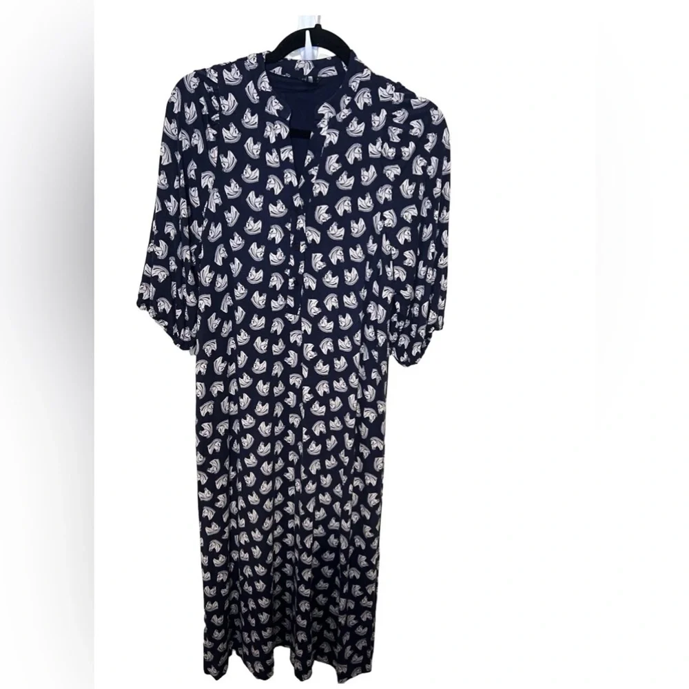 Ann Taylor 4P Midi Dress Navy White Horse Chess Modal Stretch Jersey Slit Women - Picture 4 of 8